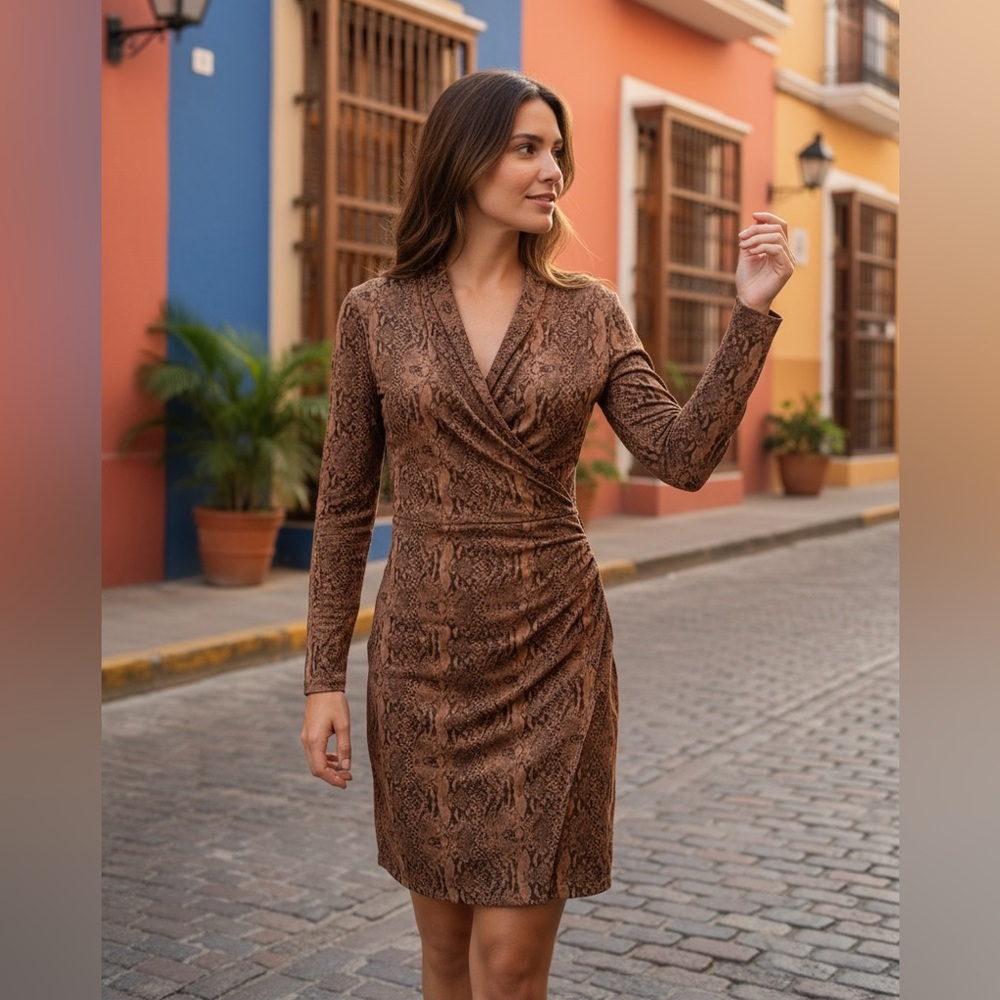 Norma Kamali women’s snake reptile print wrap long sleeve bodycon slinky neutral